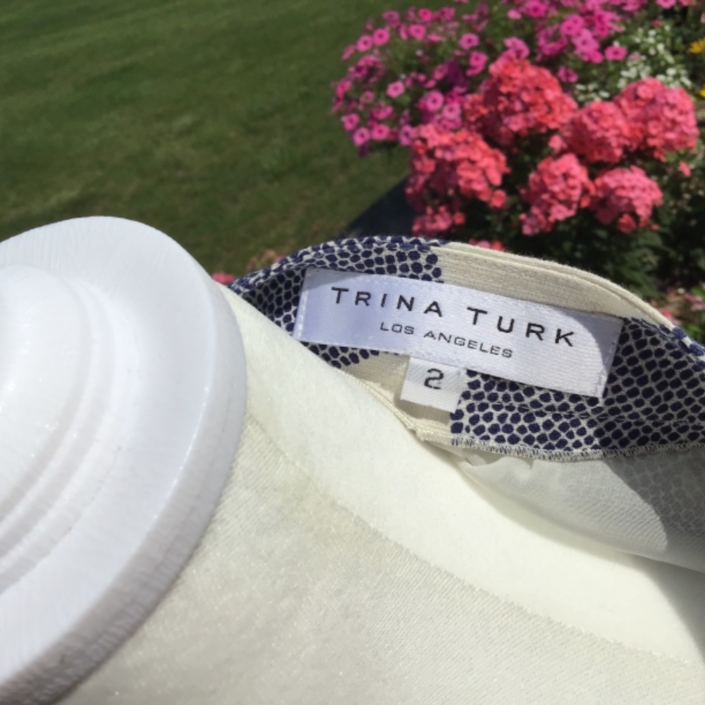 Trina Turk "Bonita" Blue White Print Dress with Bell Sleeve sz 2 MSRP $248. - Picture 14 of 17